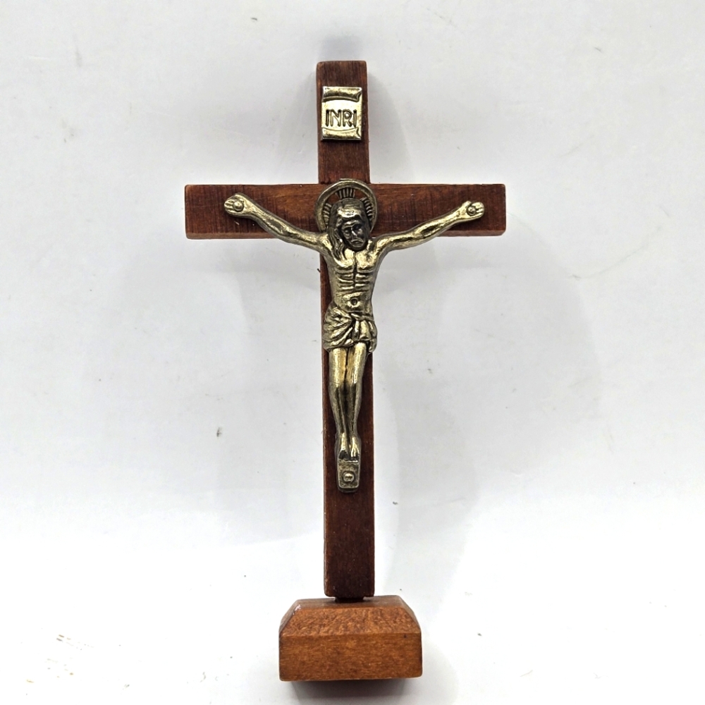 Jesus on the Cross INRI Gold-tone Metal Wooden Self Standing 4.25 inches Vintage